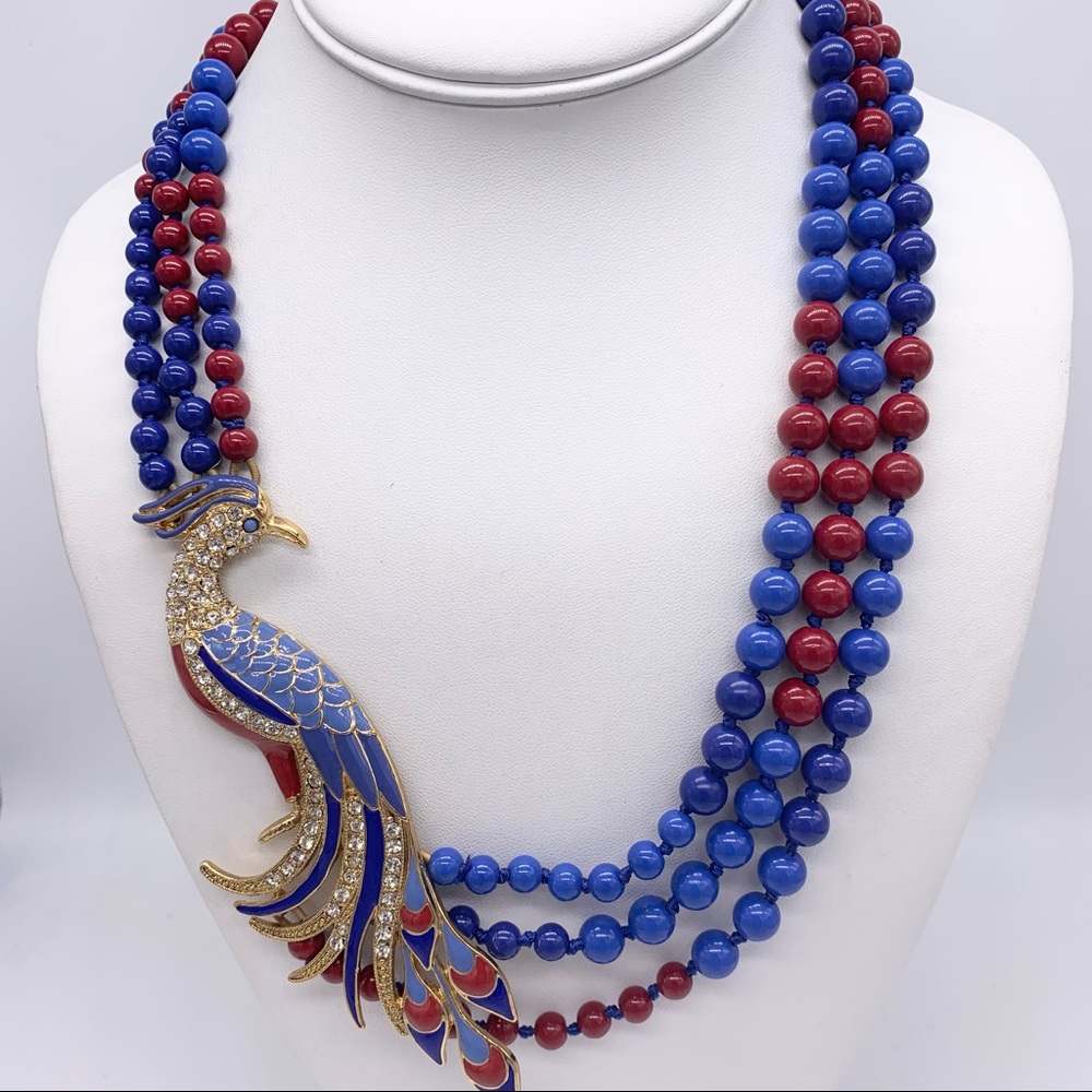 J. Crew Jeweled Peacock Red Blue Beaded Necklace